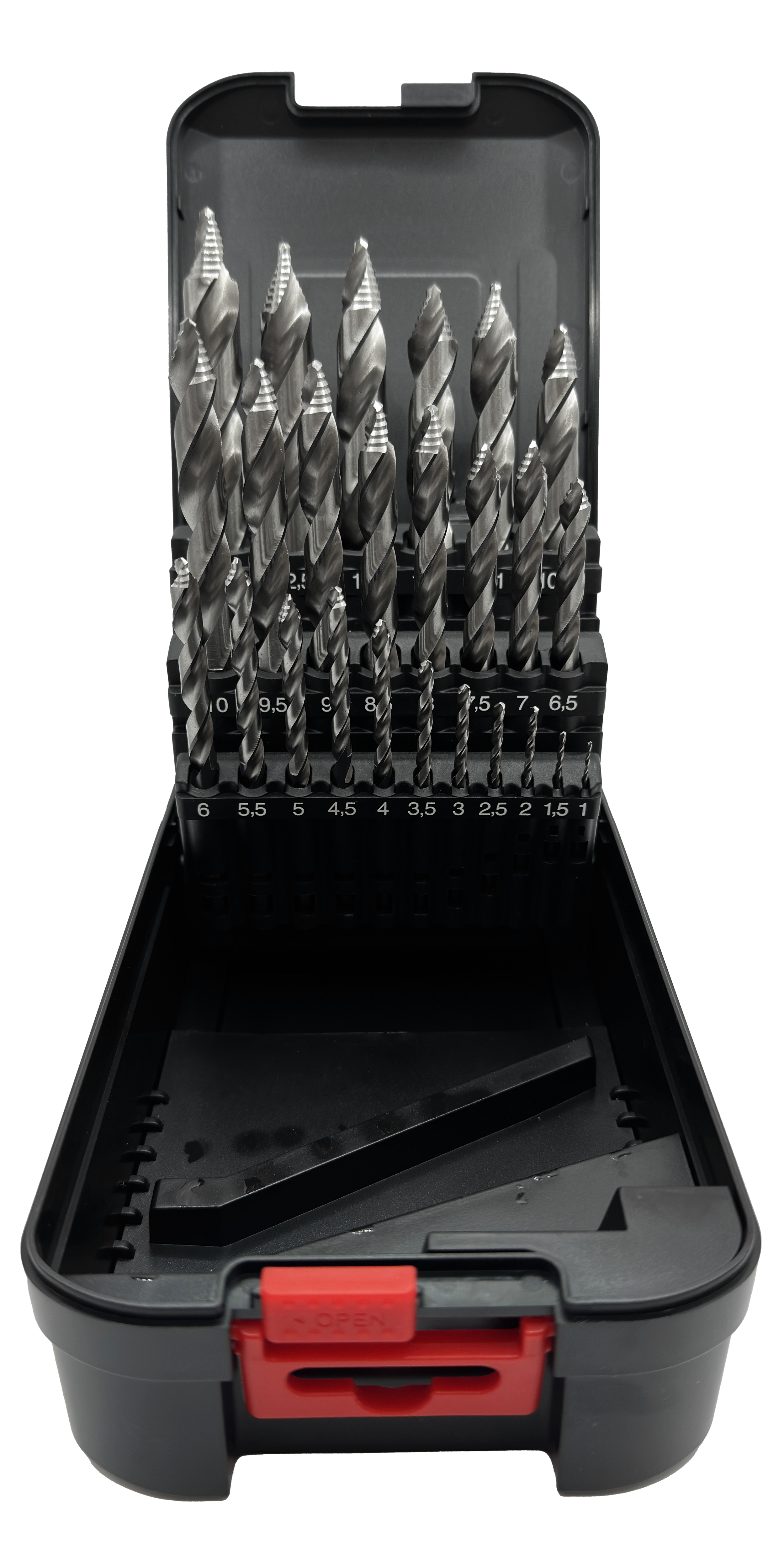 Abraboro HSS-G DIN 338 VULCANO 25 részes fémfúró készlet lépcsős fúrócsúcs-geometriával, műanyag dobozban termék fő termékképe